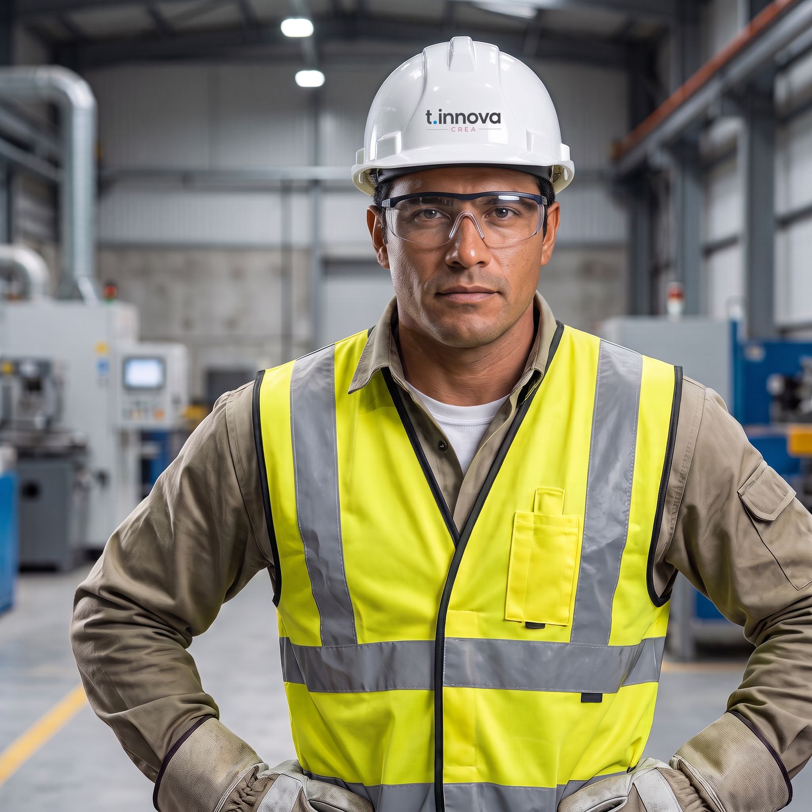 Trabajador con casco con logo, lentes y chaleco de alta visibilidad