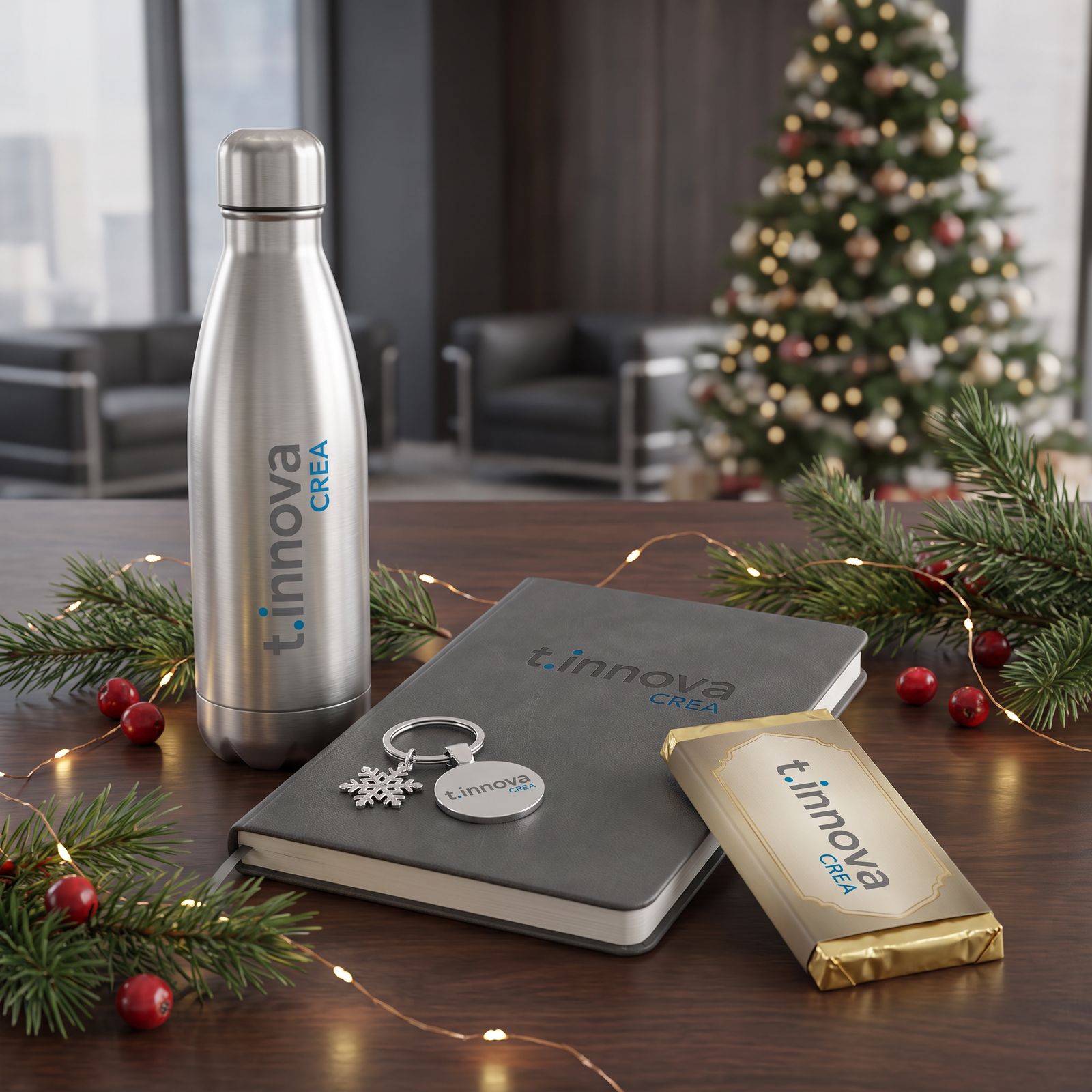 Termo, libreta y llavero personalizados sobre un escritorio decorado para fin de año